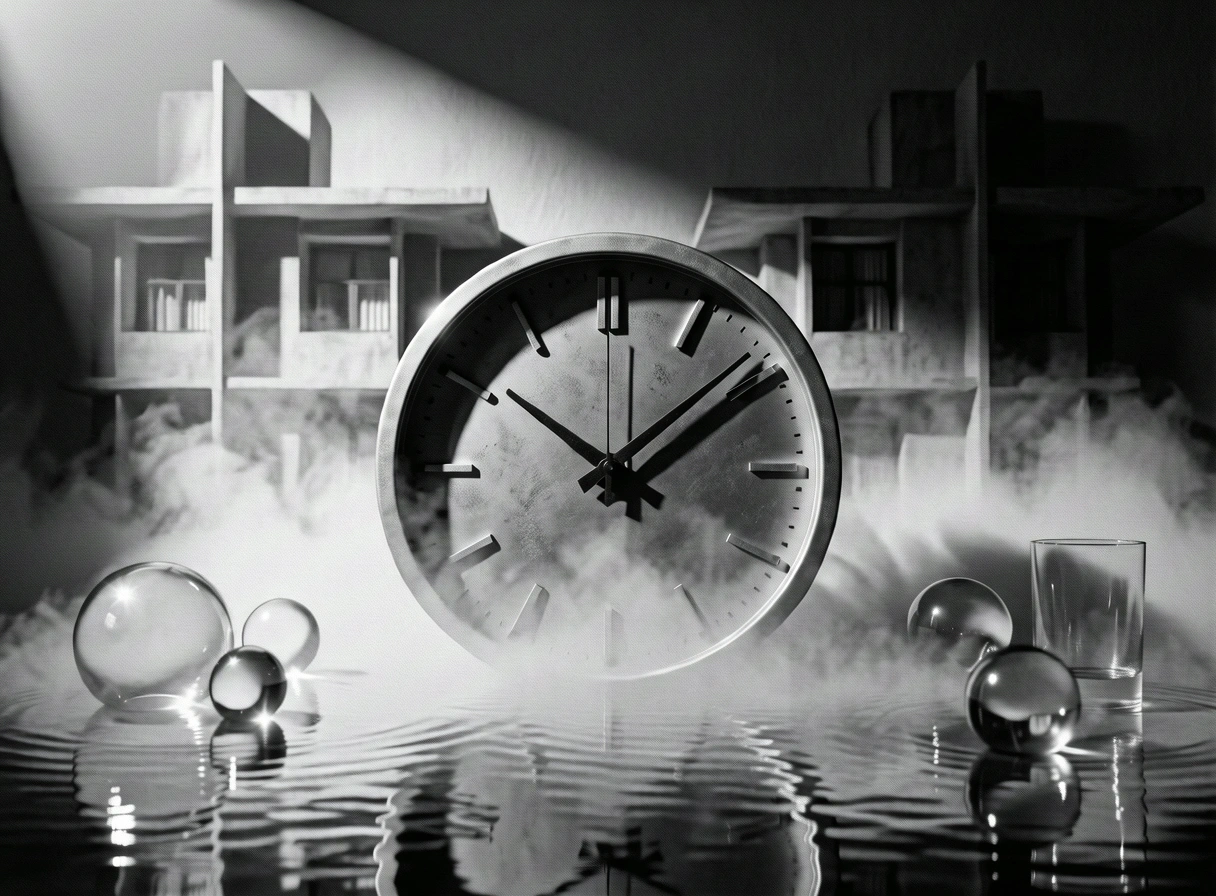 Minimalistische Uhr im Nebel