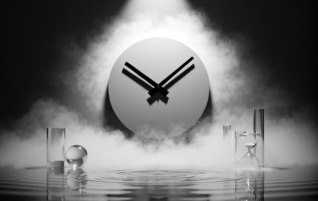 Minimalistische Uhr im Nebel